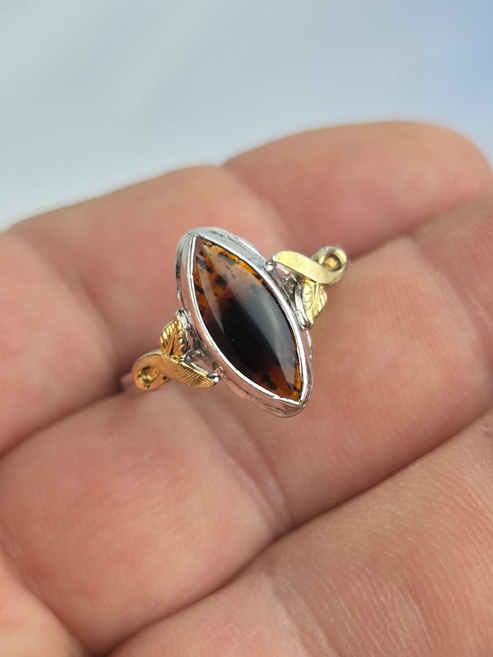 10k Yellow Gold filled Leaf & Sterling Marquise Baltic Amber Ring size 9.5